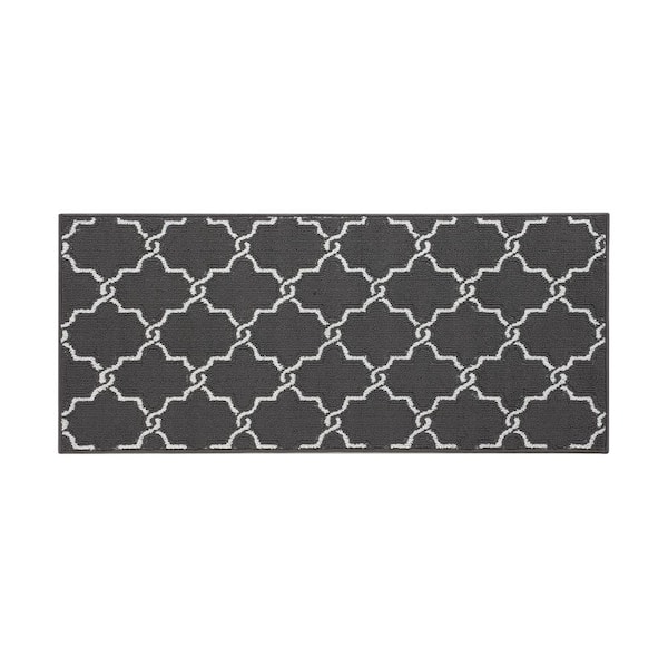 Jean Pierre Washable Non-Skid Dark Grey and White 26 in. x 60 in. Geometric Accent Rug