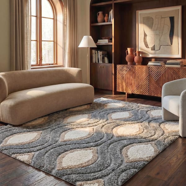 Florida Shag 9 ft. x 12 ft. Gray/Ivory Geometric Area Rug