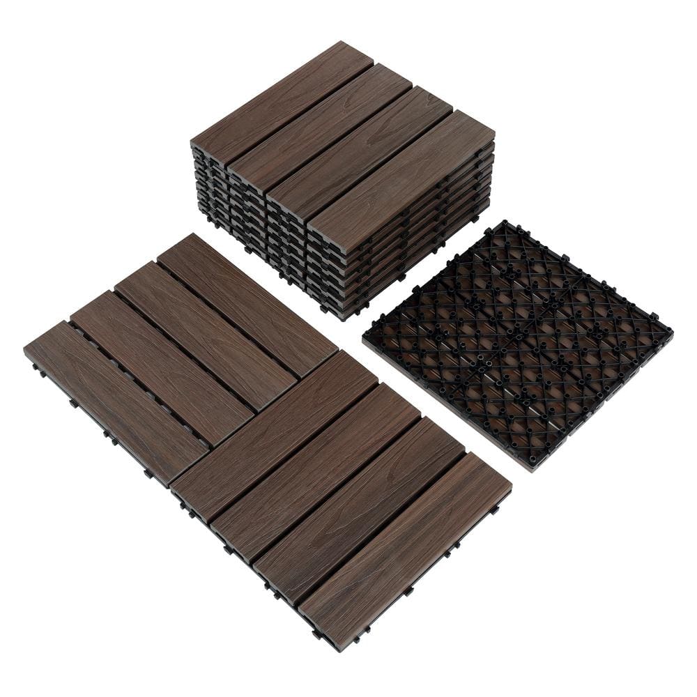 PURE ERA 1 ft. x 1 ft. Interlocking Wood Plastic Composite Floor Deck Tiles in Dark Brown Oak