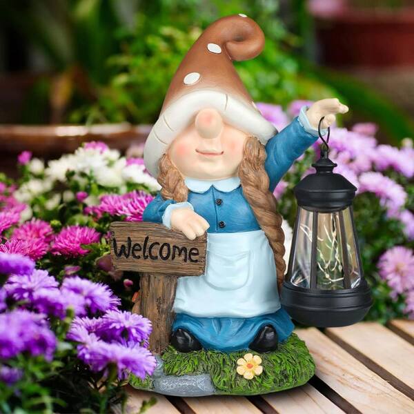 12 in. x 8 in. Blue Resin Solar Large Gnome Garden Statue with