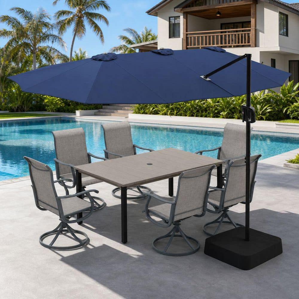 Gray Wood-Like 8-Piece Metal Rectangle Table Outdoor Dining Set with 6 Gray Textilene Swivel Chairs and Blue Umbrella price history on PriceWatchPro