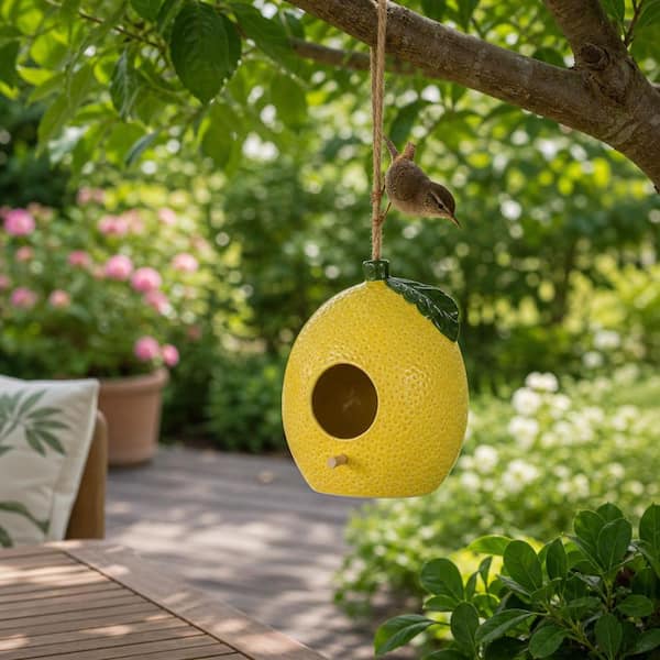 7 in. Yellow Ceramic Bird House/Feeder