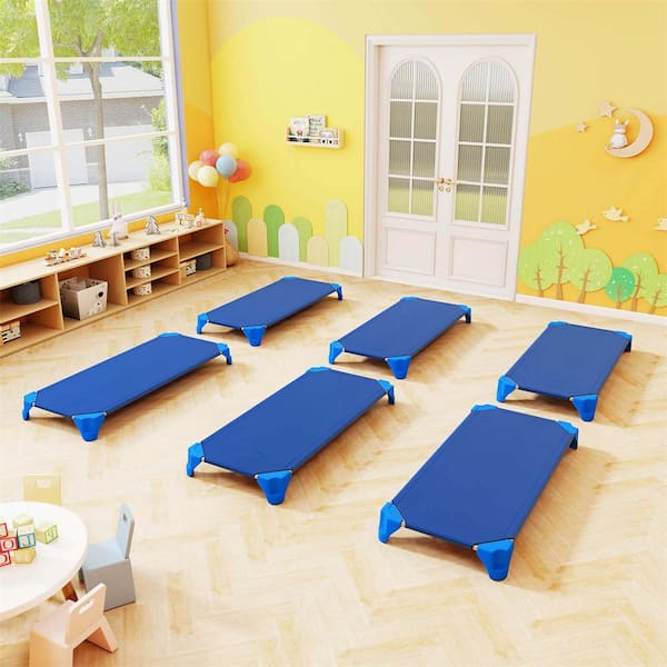 Costway Blue Toddler Stackable Daycare Cots with Easy Lift Corners Heavy-Duty Metal Frame Kids (6-Pack)