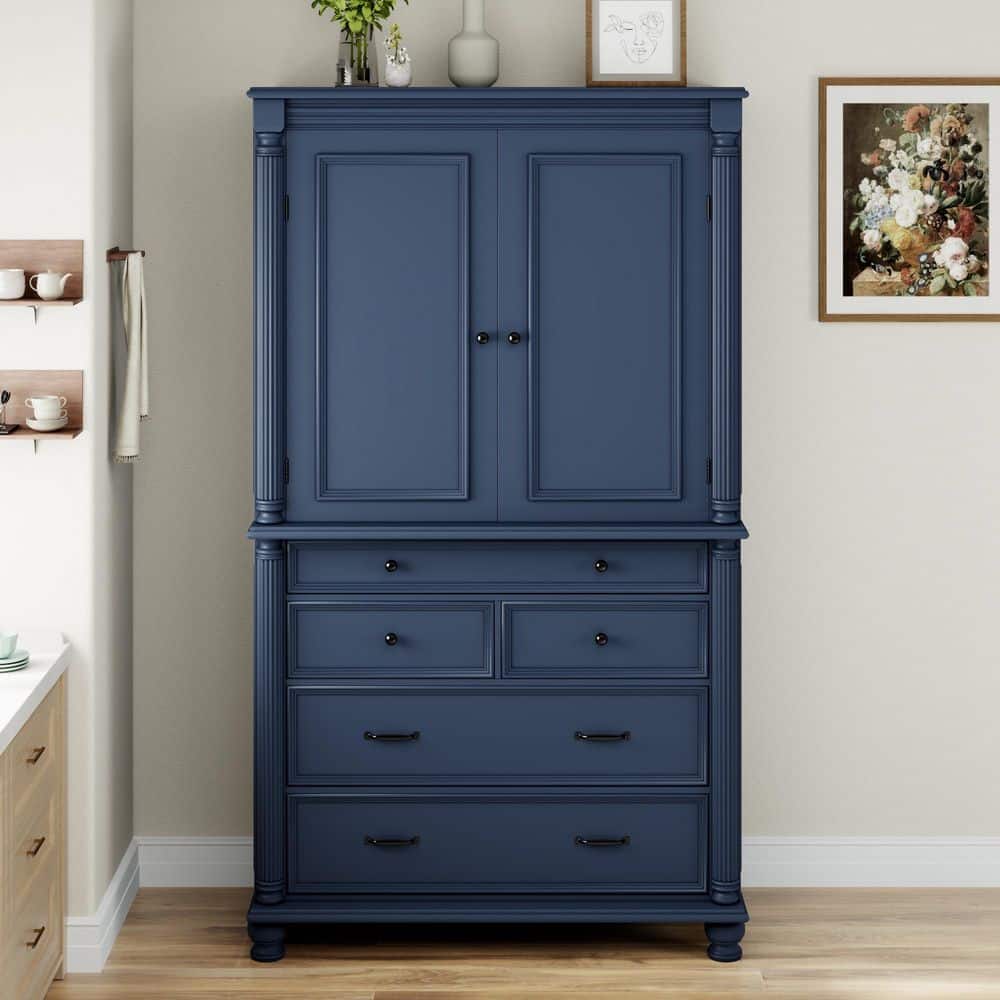 Blue Wood 43.3 in. x 77.3 in. Pantry Cabinet, Food Pantry with 6 Door Shelves, 2 Adjustable Shelves and 5 Drawers price history on PriceWatchPro
