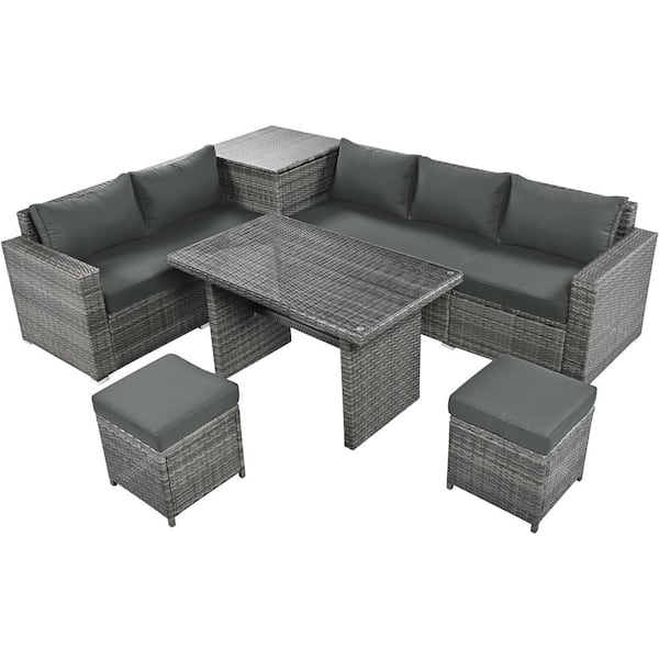 myhomore Garden Sofa Set Gray of 6-Piece Wicker Outdoor Patio Sectional Set with Storage Box and Gray Cushions