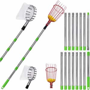 35-243 in. Tree Pruner Adjustable Stainless Steel Fruit Picker Pole with Wire Basket and Cloth Bag Basket Set