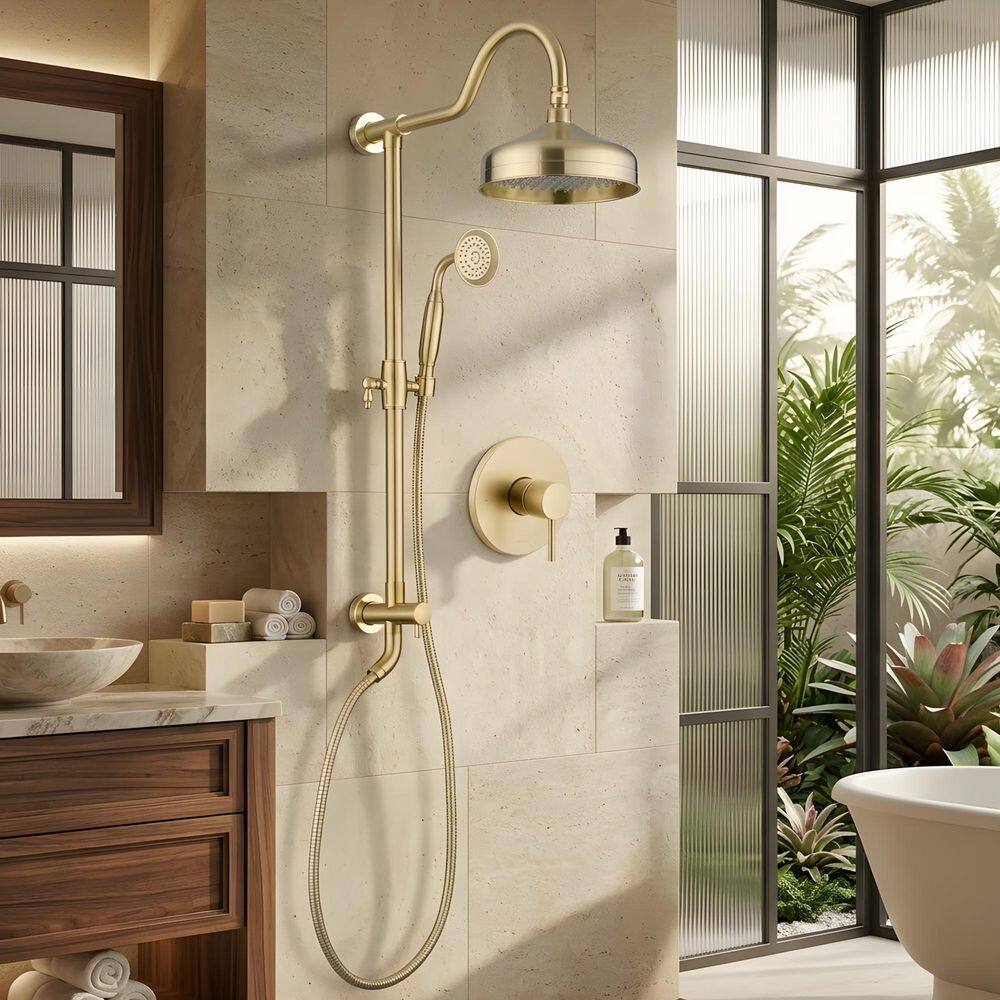 1-Spray 8 in.Dual Shower Combo with Wall Mounted Rainfall Shower Head and Handheld Shower in Brushed Gold price history on PriceWatchPro