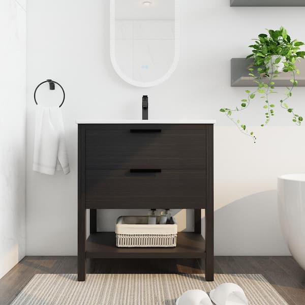 30 in. Freestanding Single Sink Plywood Bath Vanity in Black Chestnut with White Ceramic Top