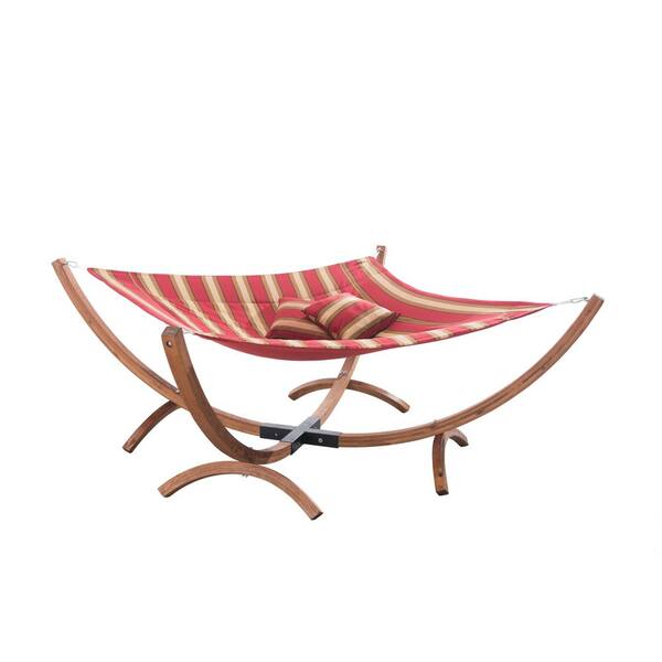 Sunjoy 7.5 ft. Larch Wood Bed Hammock with Stand in Red Stripe Pattern