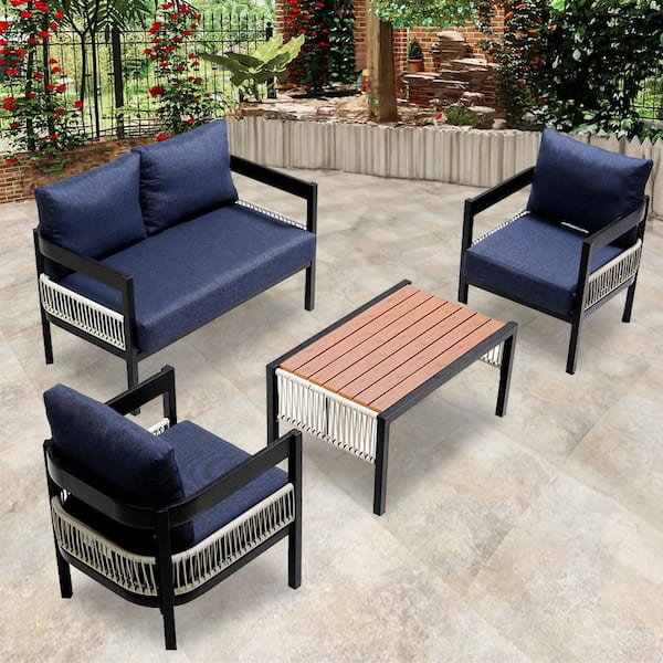 Sudzendf 4 Pieces Black Metal Outdoor Sectional Sofa Set with Dark Blue Cushion and Table