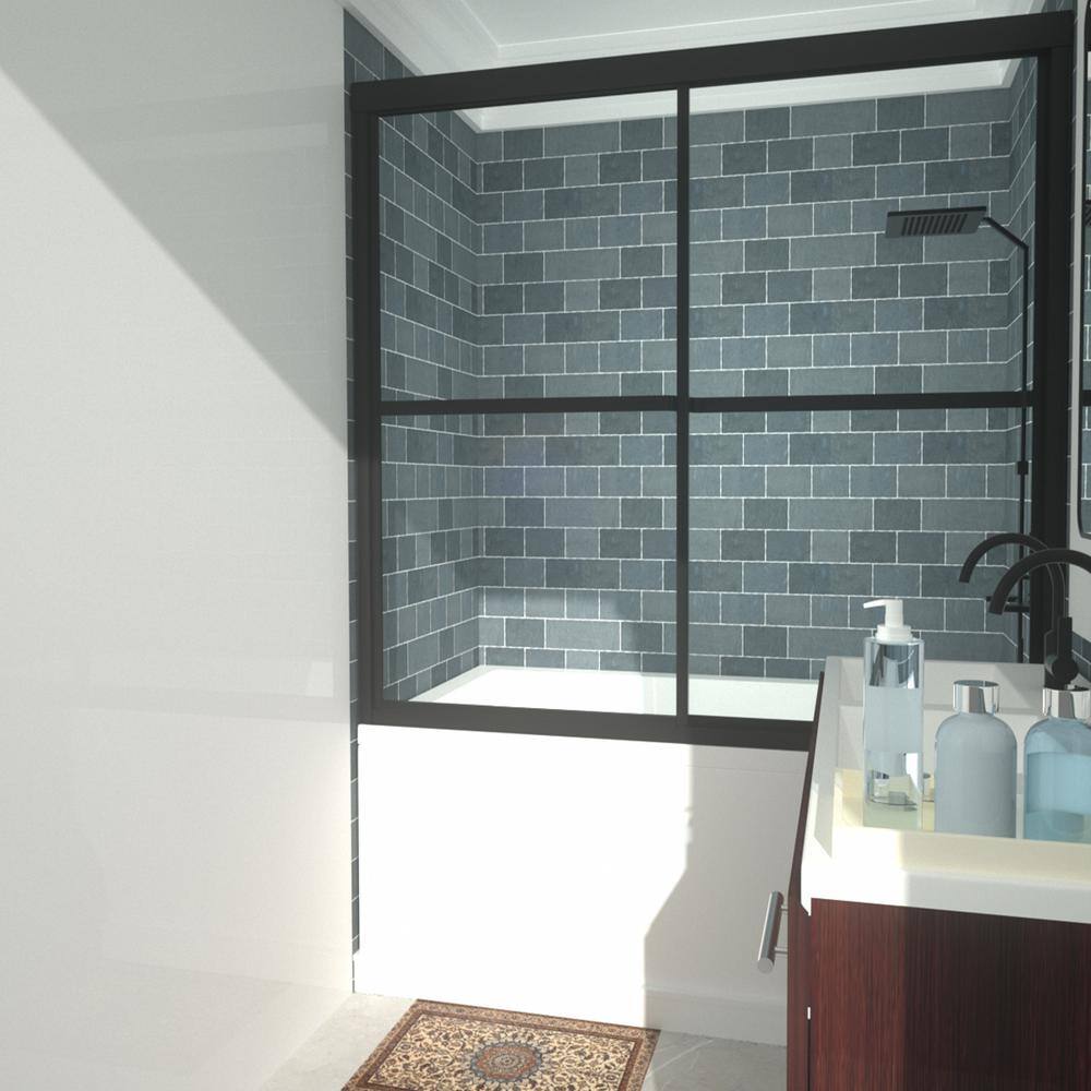 Matte Black Sliding Tub Door with Clear Tempered Glass