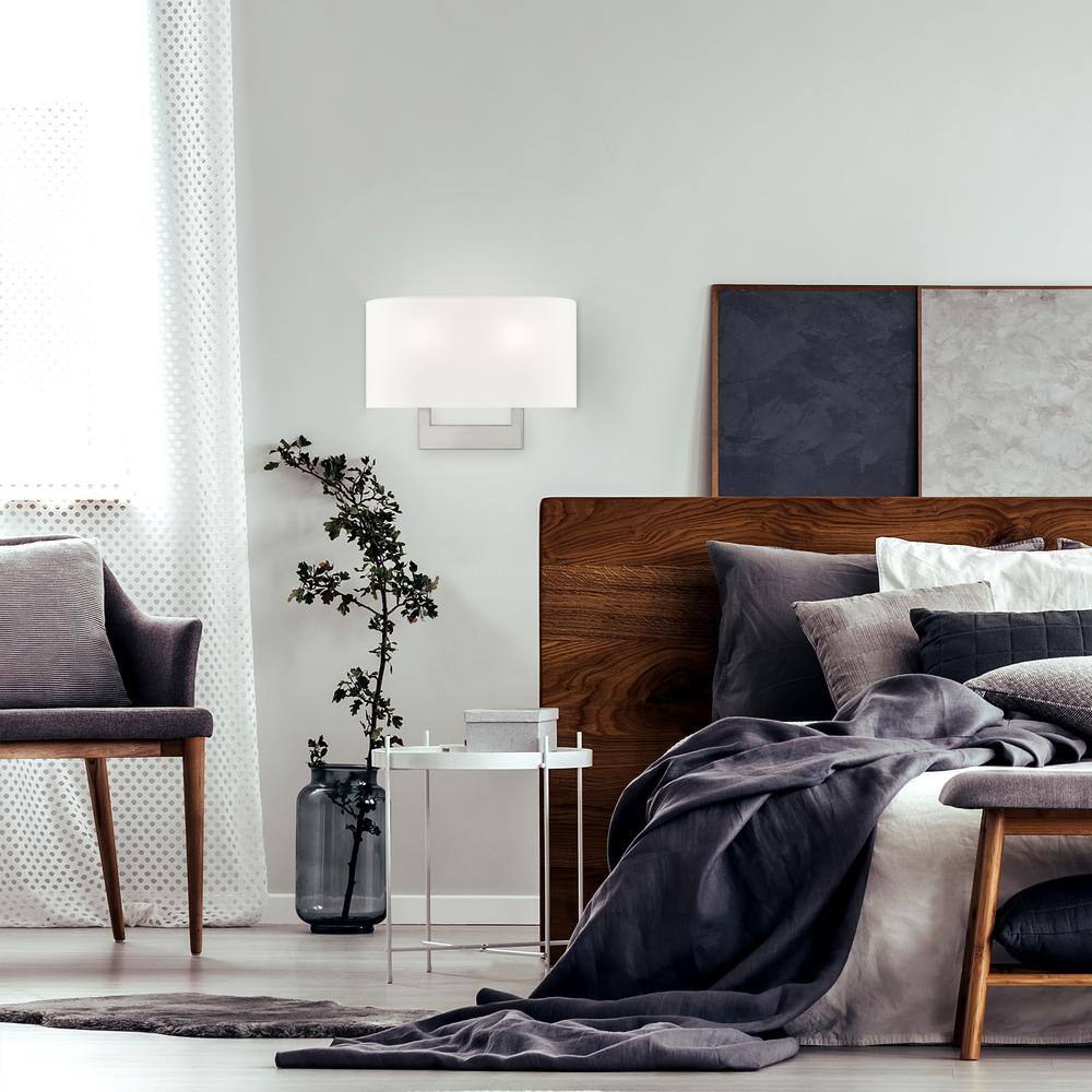 Brushed Nickel 2-Light Wall Sconce with Off-White Shade