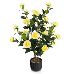 3 ft. Yellow Artificial Camellia Tree Bonsai Faux Flower Plant in Cement Pot