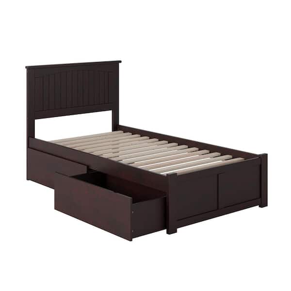 Nantucket Espresso Twin Solid Wood Storage Platform Bed with Flat Panel Foot Board and 2 Bed Drawers
