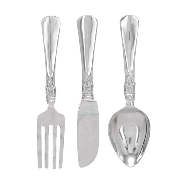 Litton Lane Aluminum Silver Knife, Spoon and Fork Utensils Wall Decor (Set of 3)