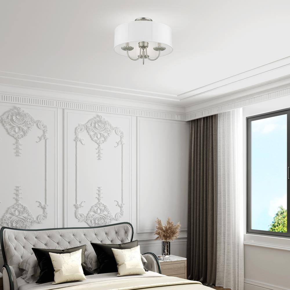 Brookdale Brushed Nickel 3-Light Semi-Flush Mount with Off-White Drum Shade