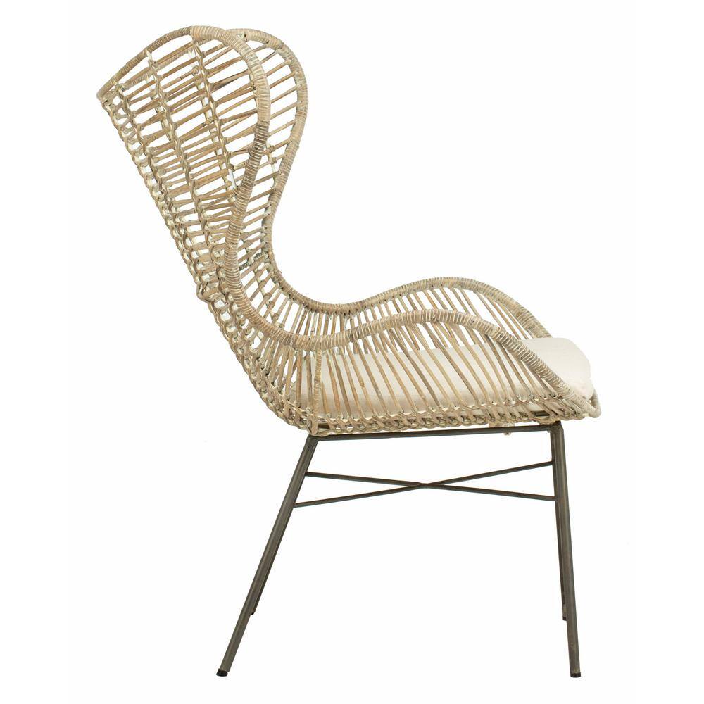 Transitional Beige Rattan Wingback Armchair with White Wash Finish