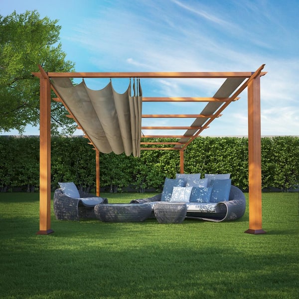 Paragon Outdoor Florence 11 ft. x 11 ft. Aluminum Pergola in Canadian Cedar Finish and Sand Canopy