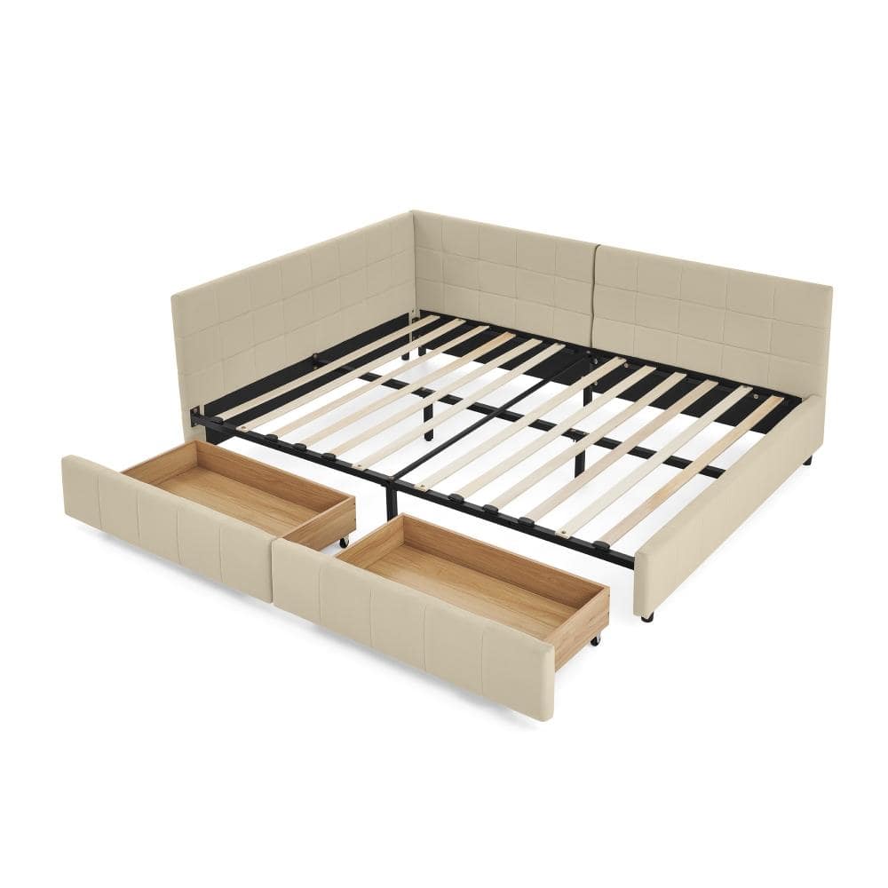 Beige Full Daybed with Double Drawer Storage and Velvet Upholstery durable construction easy to install