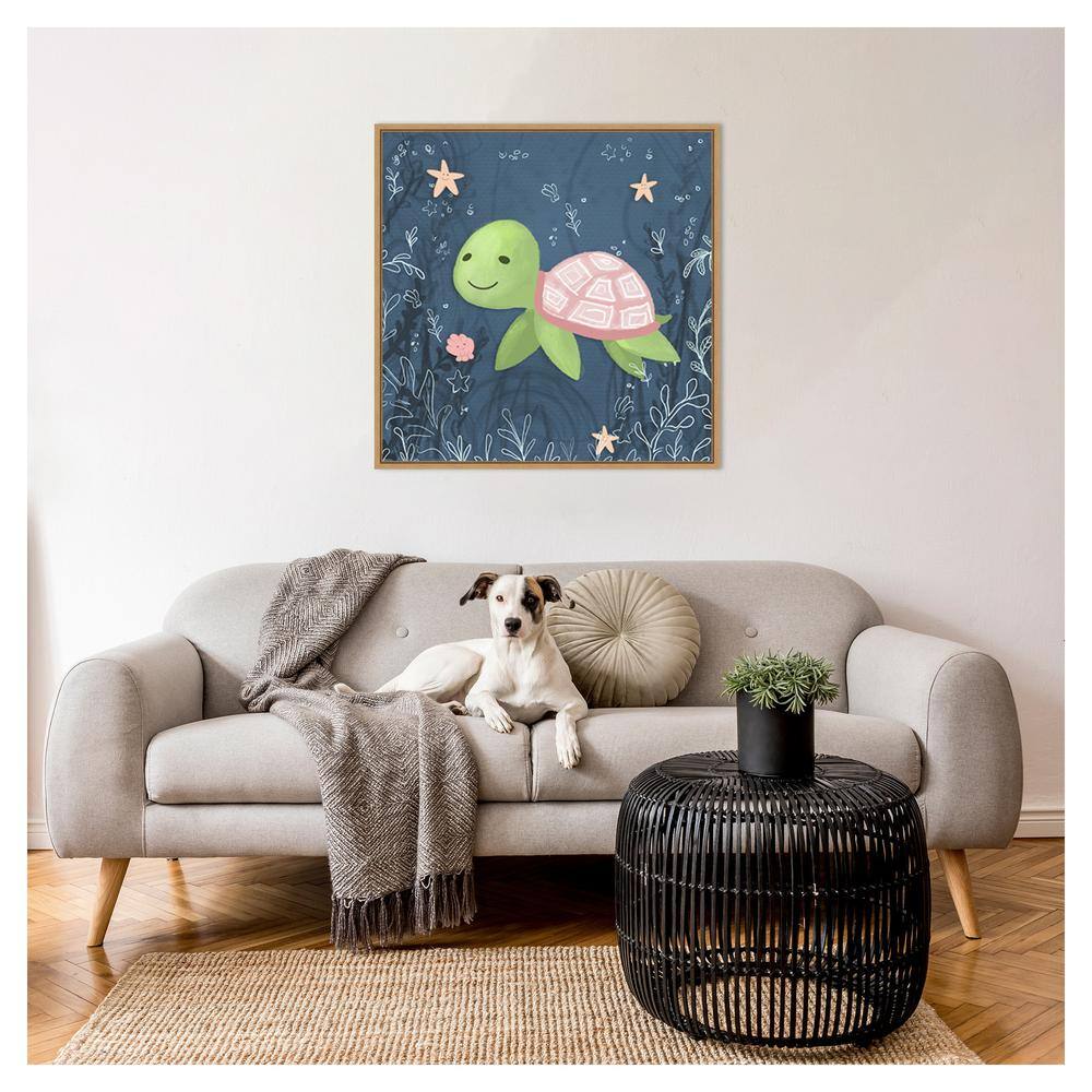 Hartworks Seahorse and Turtle Blue II 30" Canvas Print with Maple Frame