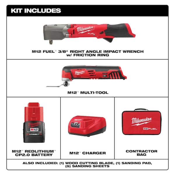 M12 FUEL 12V Lithium-Ion Brushless Cordless 3/8 in. Right Angle Impact Wrench Kit w Two 2.0 Ah Batteries & Multi-Tool