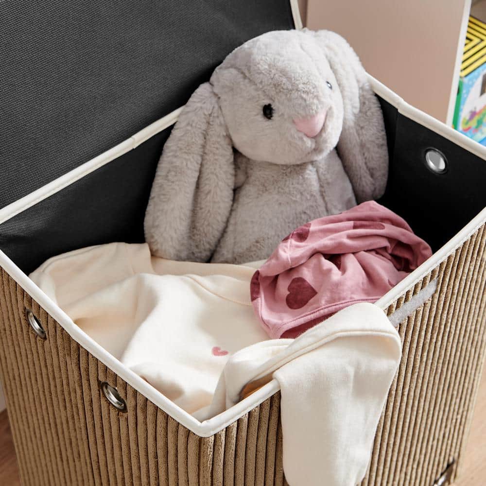 Brown Corduroy Collapsible Kids Hamper with Plush Dog Lid