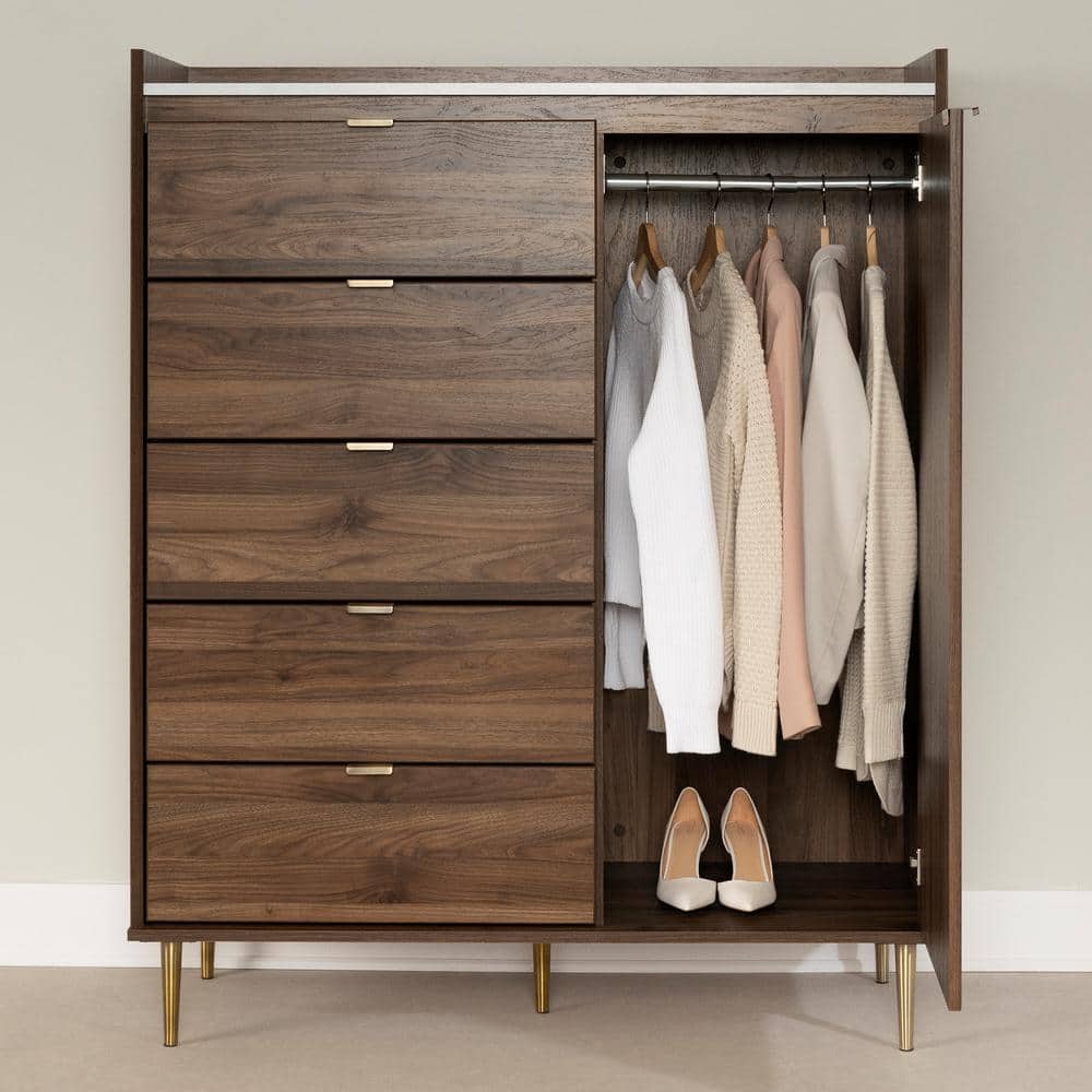 Natural Walnut and Faux Carrara Marble Glam 5-Drawer Dresser