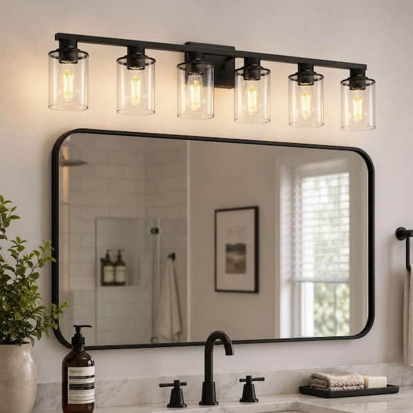 40 in. 6-Light Black Metal Dimmable Vanity Light with Clear Cylinder Glass Shades for Bathroom Vanity Light or mirror