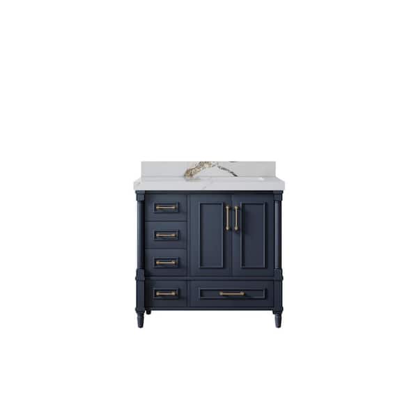 Willow Collections Hudson 36 in. W x 22 in. D x 36 in. H Right Offset Sink Bath Vanity in Navy Blue with 2 in. Calacatta Gold qt. Top