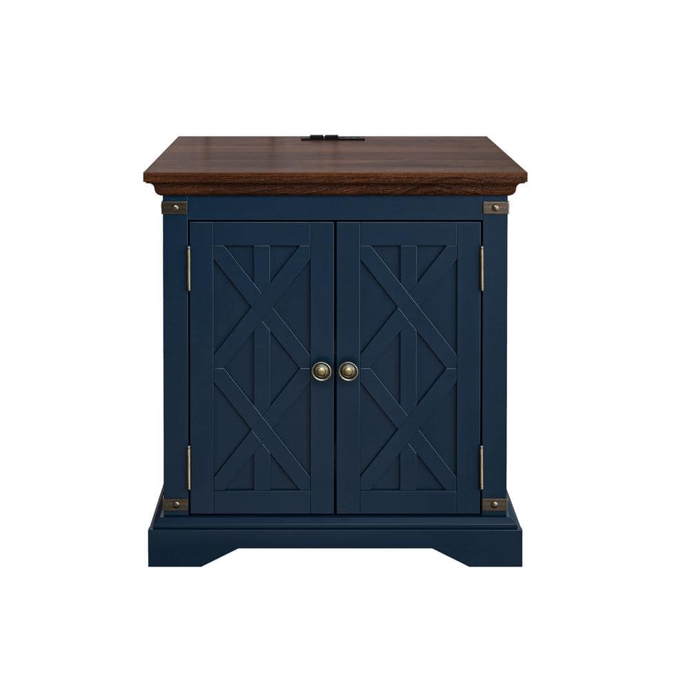 Navy and Dark Wood Farmhouse Side Table with Storage