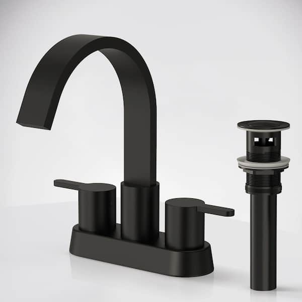 4 in. Waterfall Centerset Double-Handle Bathroom Sink Faucet Drain Included in Matte Black