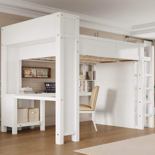 Megan White Queen Size Loft Bed with Wardrobe, Desk, Storage Headboard, USB