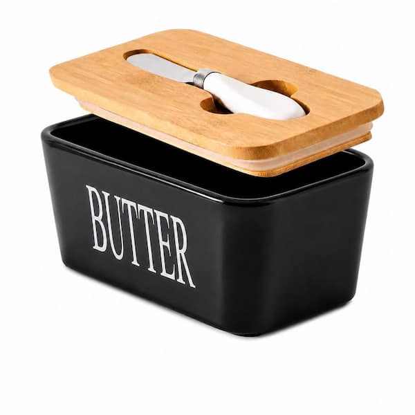 Black Porcelain Butter Dish with Bamboo Lid, Sealing Ring and Stainless Steel Knife, 650 ml Countertop Keeper