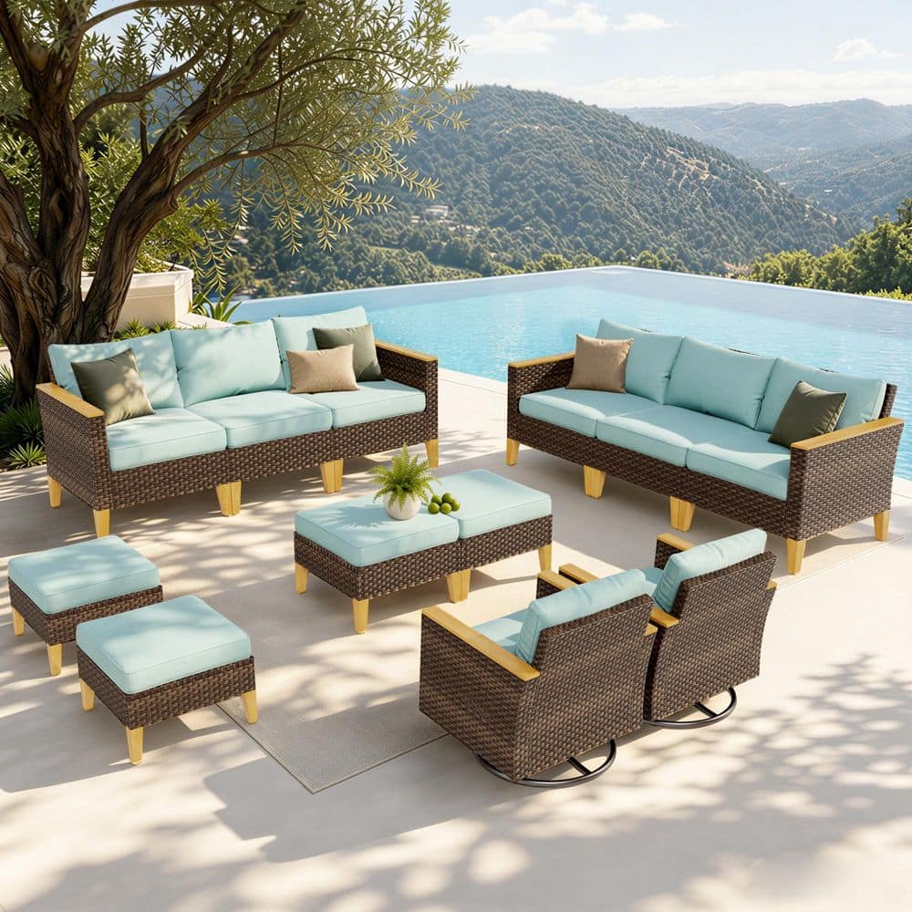 Brown Wicker Rattan 12 Seat 12-Piece Steel Outdoor Patio Sectional Set with Blue Cushions, 2 Swivel Sofas and 4 Ottomans