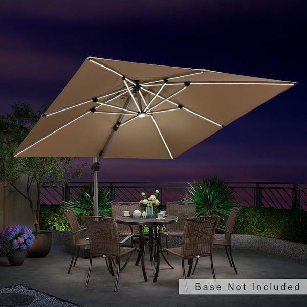 PURPLE LEAF 10 ft. Square Solar powered LED Patio Umbrella Outdoor Cantilever Umbrella Heavy Duty Sun Umbrella in Beige