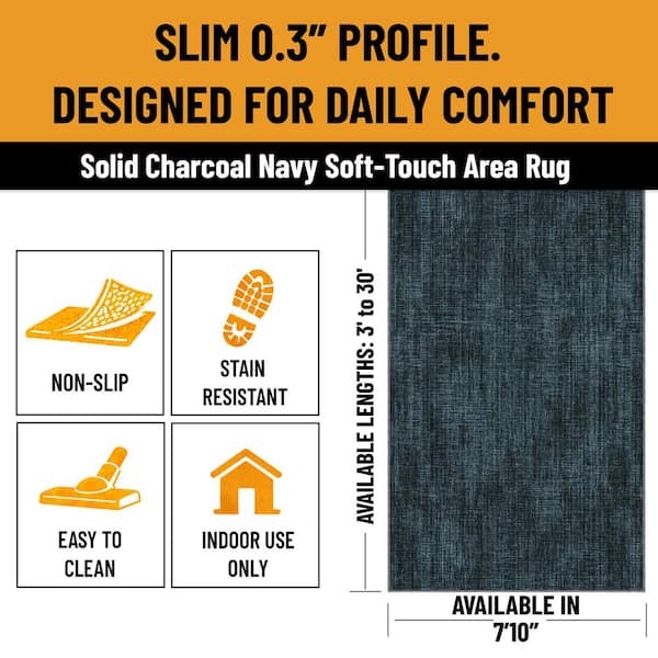 Non-Slip Rubberback Solid Design 8 x 19 Indoor Area Rug, 7 ft. 10 in. x 19 ft., Charcoal Navy