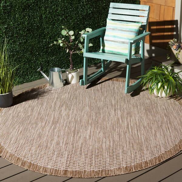 Beach House Brown/Ivory 7 ft. x 7 ft. Geometric Border Indoor/Outdoor Round Area Rug