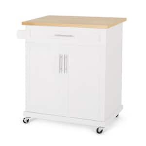 Compact White Wood Tabletop 32 in. Kitchen Island with Doors and Drawer