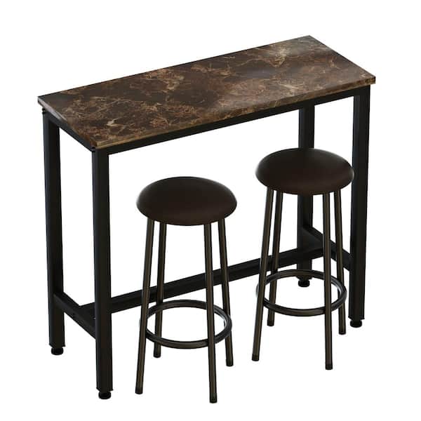 FORCLOVER 3-Piece Rectangle Brown MDF Wood Top Bar Table Set Seats 2