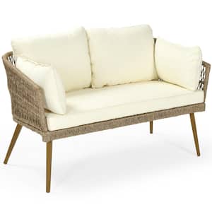 Brown All-Weather Wicker Outdoor Loveseat with Beige Cushions