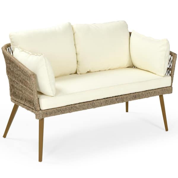 DEXTRUS Brown All-Weather Wicker Outdoor Loveseat with Beige Cushions