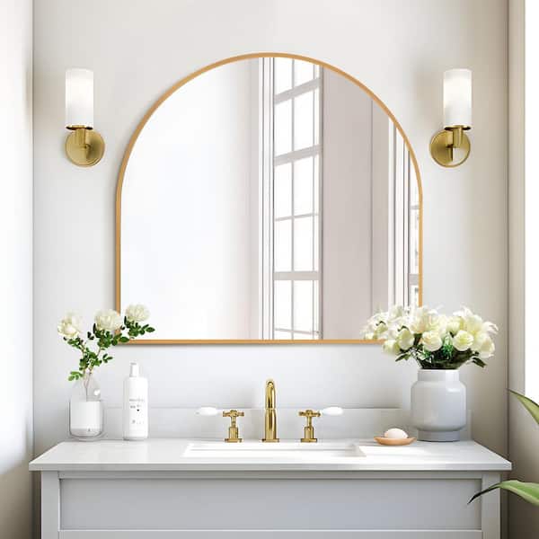 28 in. W x 30 in. H Arched Wall Mirror Gold Bathroom Vanity Mirror