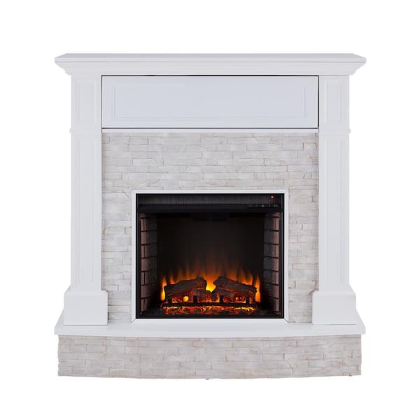 Southern Enterprises Johnna 48 in. Faux Stone Media Electric Fireplace in White