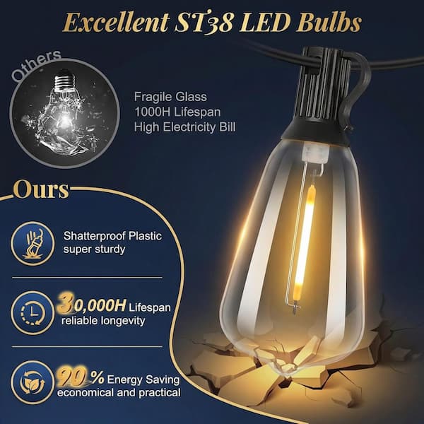 Nordic Hygge 100 ft. LED Outdoor String Lights Plug-in with 52