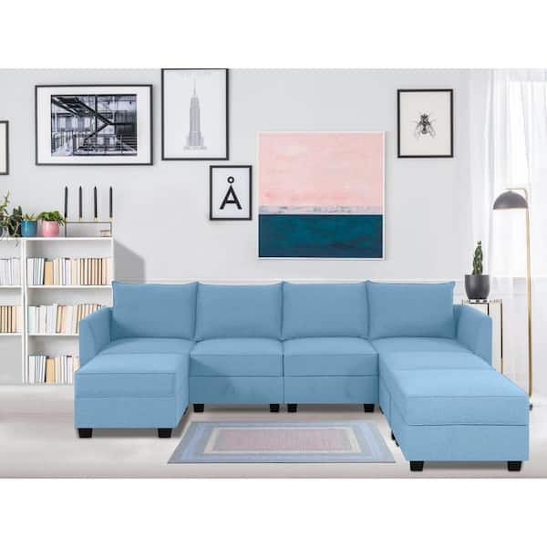 MAYKOOSH 81.89 in. Linen Contemporary 4-Seater Upholstered Sectional Sofa Bed with 3 Ottoman in. Robin Egg Blue