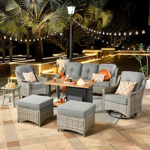 Verona Grey 7-Piece Wicker Outdoor Fire Pit Patio Conversation Sofa Set with Swivel Chairs and Dark Gray Cushions