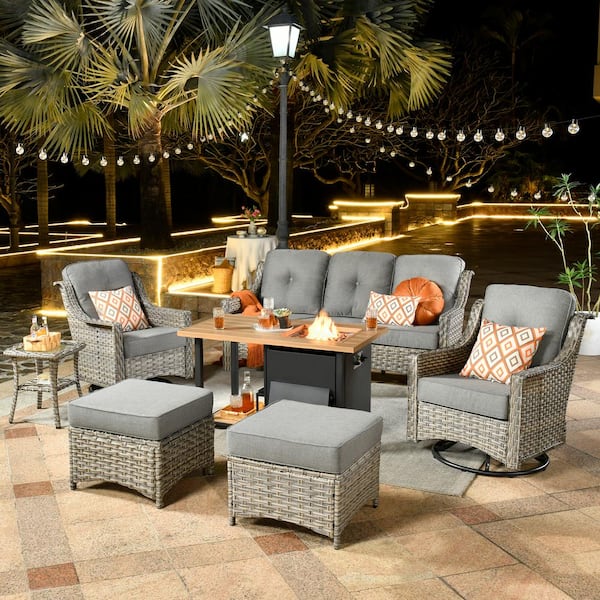 Verona Grey 7-Piece Wicker Outdoor Fire Pit Patio Conversation Sofa Set with Swivel Chairs and Dark Gray Cushions