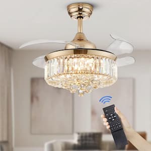 52 in. Indoor Gold Smart Retractable Crystal Ceiling Fan with Adjustable LED Light Included with Remote and App Control