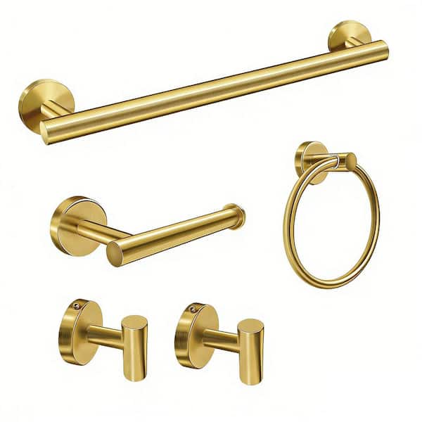 5-Piece Stainless Steel Bath Hardware Set with Mounting Hardware in Brushed Gold, 24 in. Bath Towel Bar, Wall Mounted
