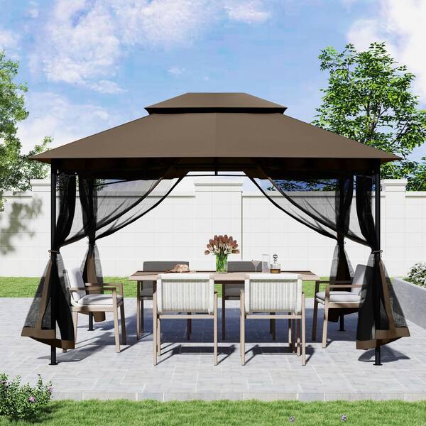 EGEIROSLIFE 10 ft. x 12 ft. Brown Double Roof Soft Top Metal Patio